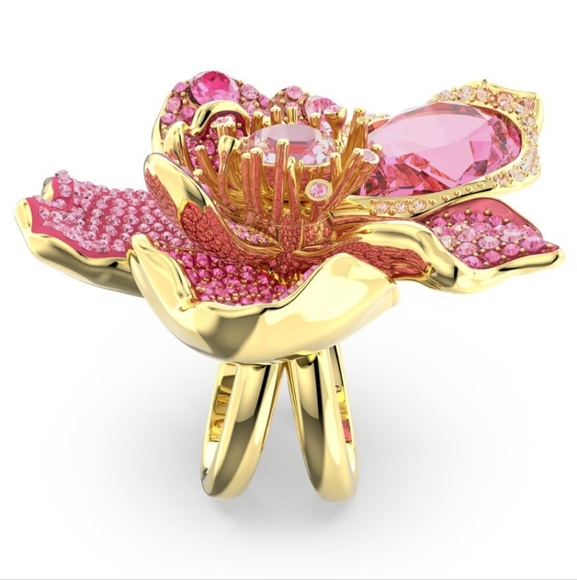 🎄RARE .Idyllia cocktail ringPavé, Flower, Pink, Gold-tone plated. 8 - Picture 1 of 13